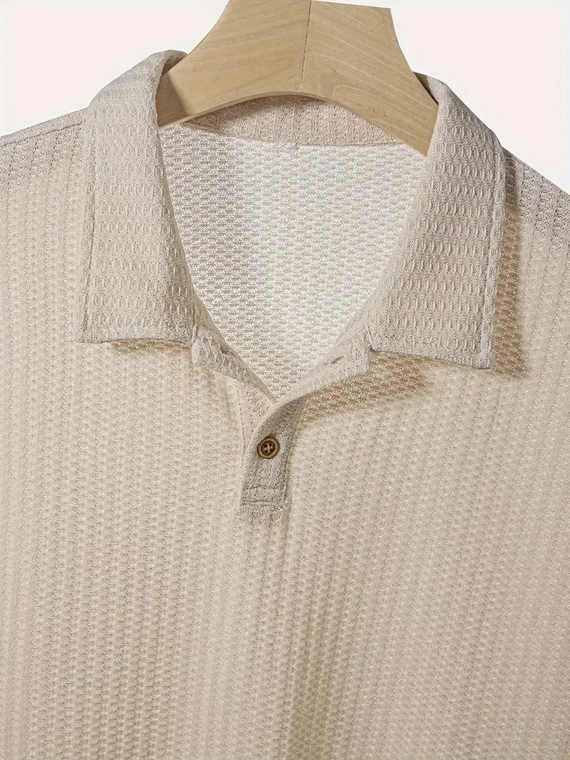 Men's Textured Knit Polo – Breathable Short Sleeve Casual Shirt
