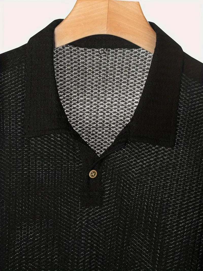 Men's Textured Knit Polo – Breathable Short Sleeve Casual Shirt