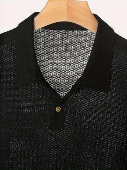 Men's Textured Knit Polo – Breathable Short Sleeve Casual Shirt