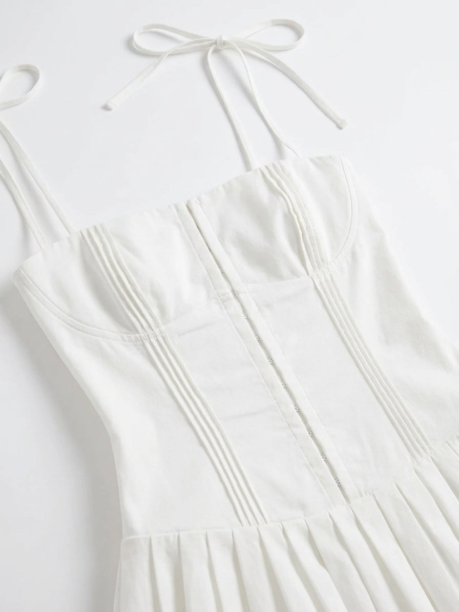 Women's White Corset Mini Dress Drop Waist Pleated Summer Dress