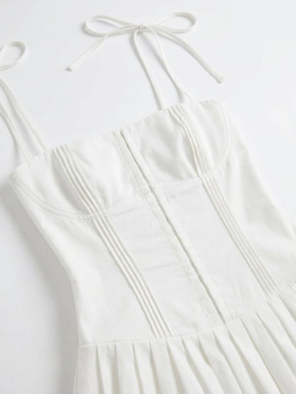 Women's White Corset Mini Dress Drop Waist Pleated Summer Dress
